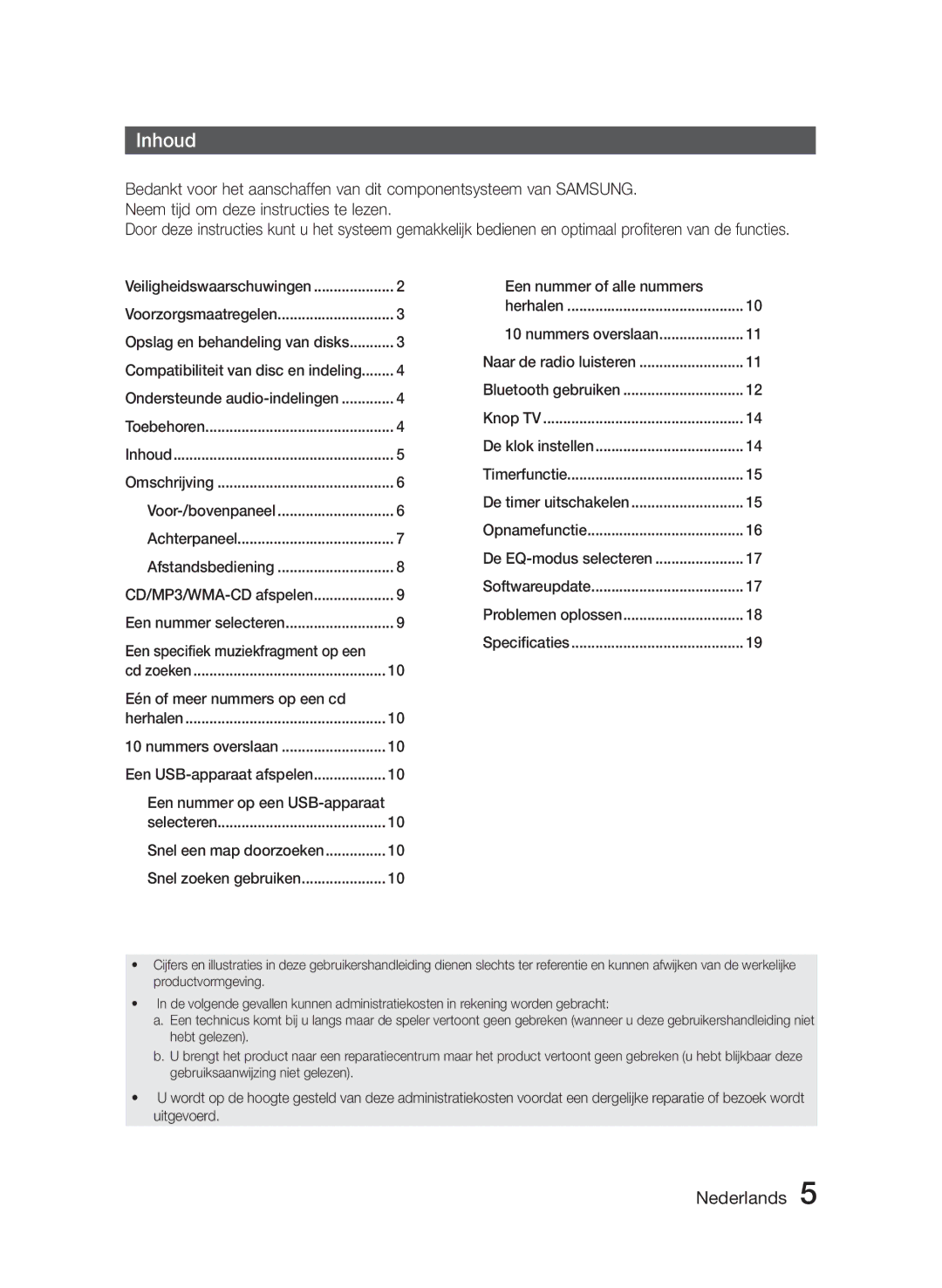 Samsung MM-J320/EN manual Inhoud, Eén of meer nummers op een cd, Een nummer of alle nummers Herhalen Nummers overslaan 