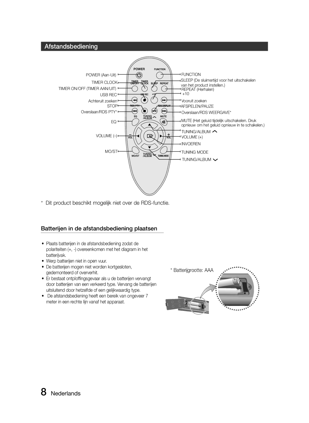 Samsung MM-J330/EN, MM-J320/EN Afstandsbediening, Batterijen in de afstandsbediening plaatsen, Gedemonteerd of oververhit 