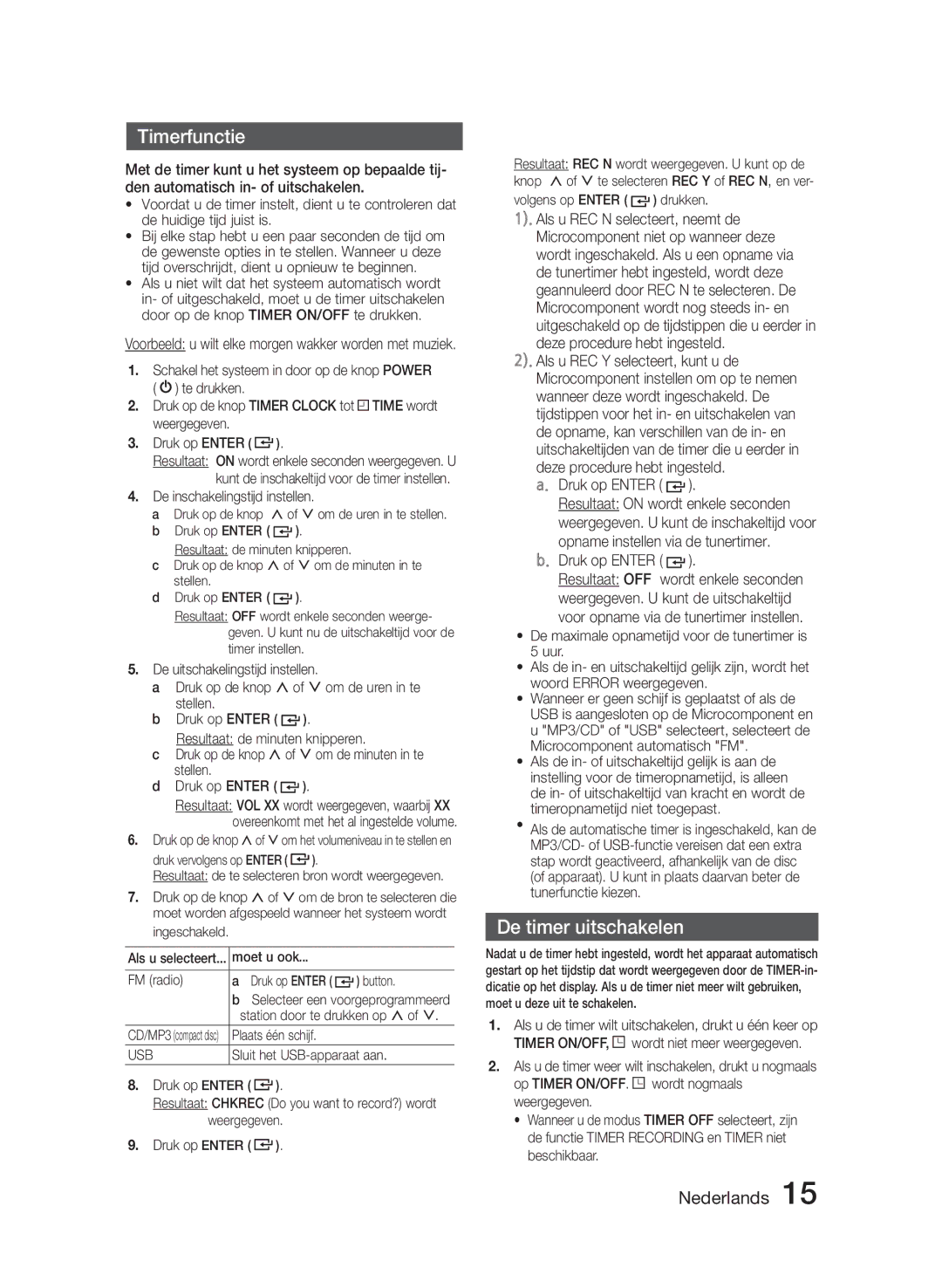 Samsung MM-J320/XN, MM-J330/EN, MM-J320/EN, MM-J330/XN manual Timerfunctie, De timer uitschakelen, Druk op Enter 