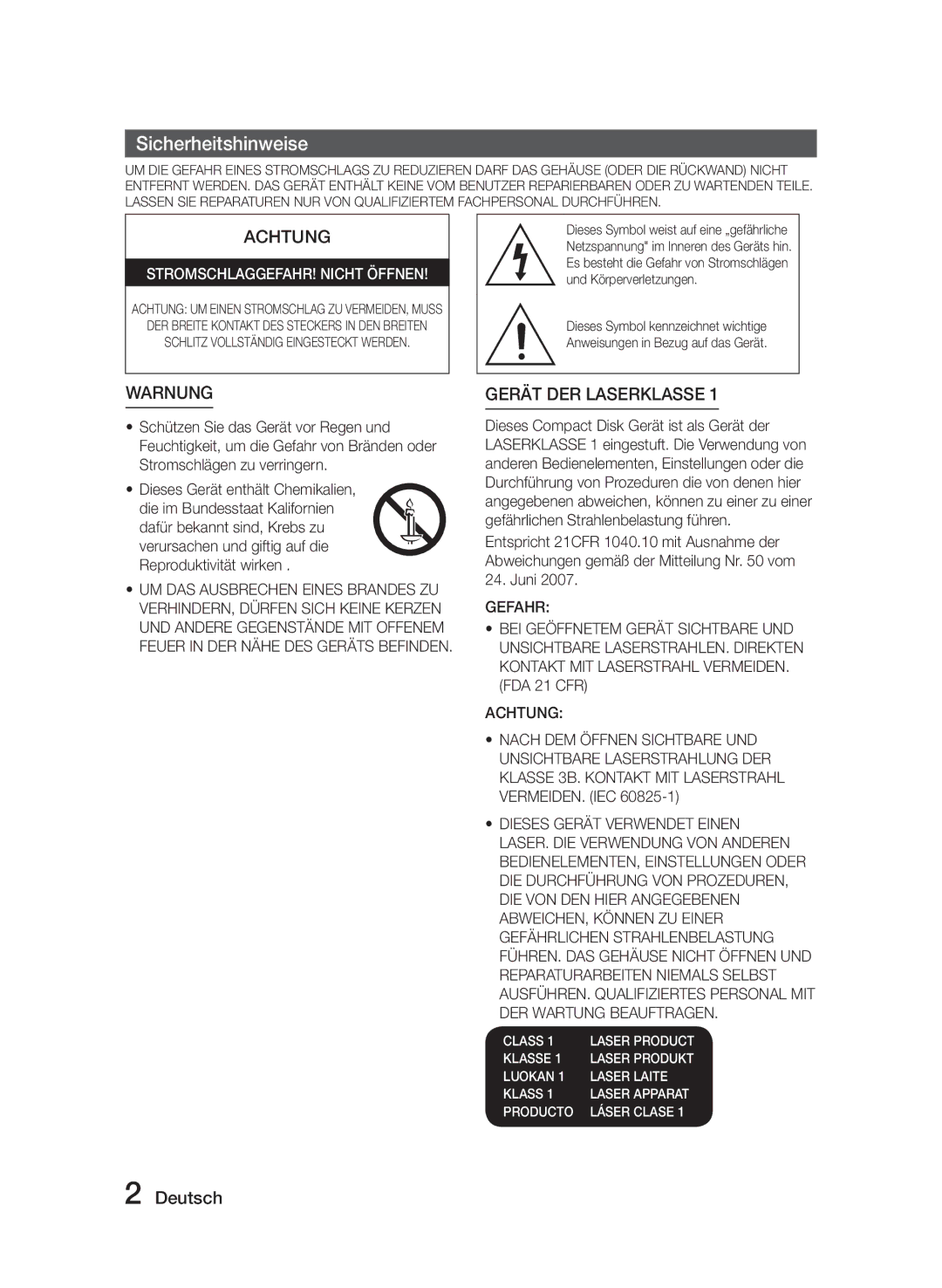 Samsung MM-J330/XN, MM-J330/EN, MM-J320/EN, MM-J320/XN manual Sicherheitshinweise, Deutsch 