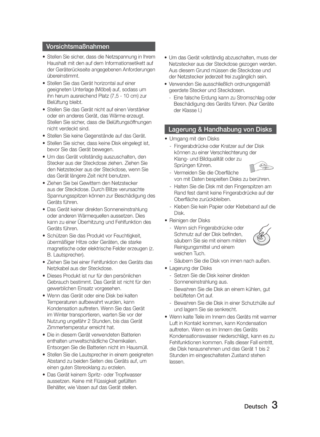 Samsung MM-J320/XN, MM-J330/EN, MM-J320/EN, MM-J330/XN manual Vorsichtsmaßnahmen, Lagerung & Handhabung von Disks 