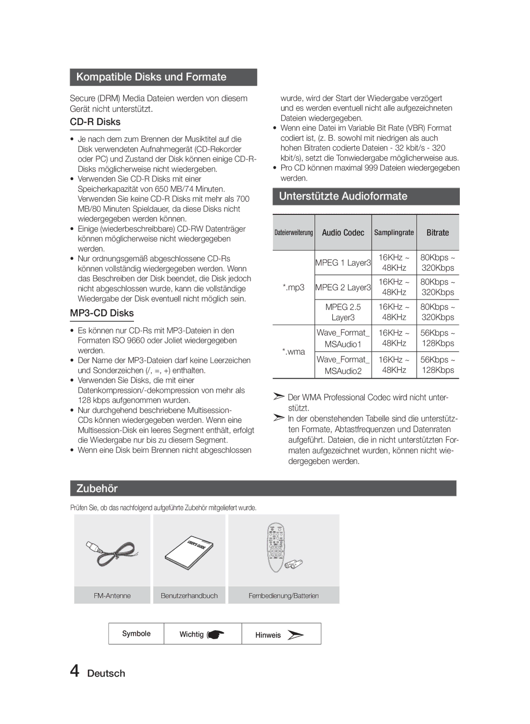 Samsung MM-J330/EN, MM-J320/EN Kompatible Disks und Formate, Unterstützte Audioformate, Zubehör, CD-R Disks, MP3-CD Disks 