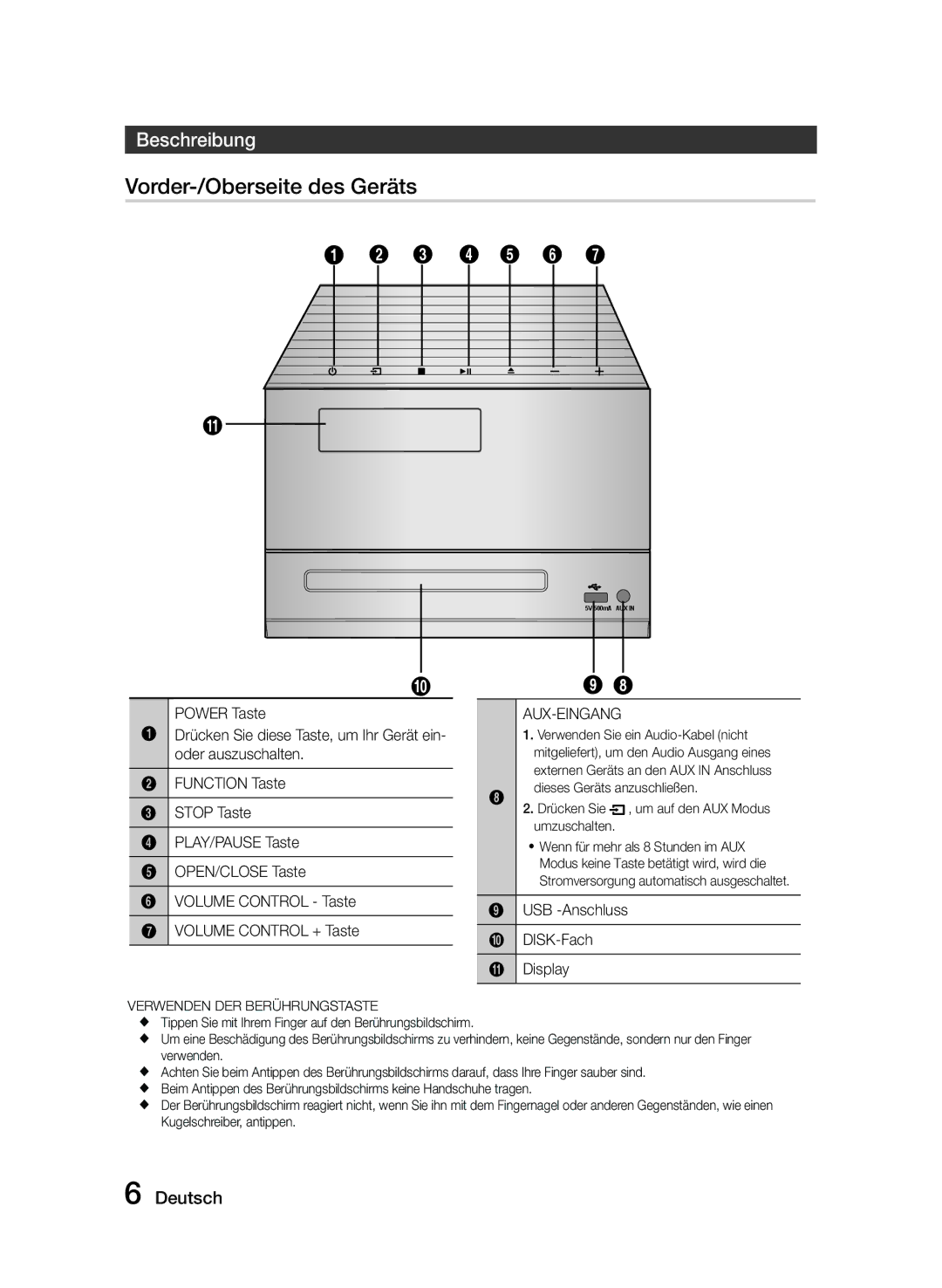 Samsung MM-J330/XN, MM-J330/EN, MM-J320/EN, MM-J320/XN manual Beschreibung, Aux-Eingang, USB -Anschluss DISK-Fach Display 