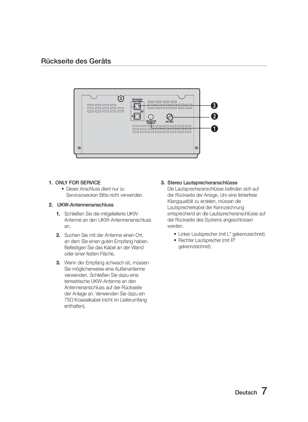 Samsung MM-J320/XN, MM-J330/EN, MM-J320/EN, MM-J330/XN manual Rückseite des Geräts, Stereo Lautsprecheranschlüsse 