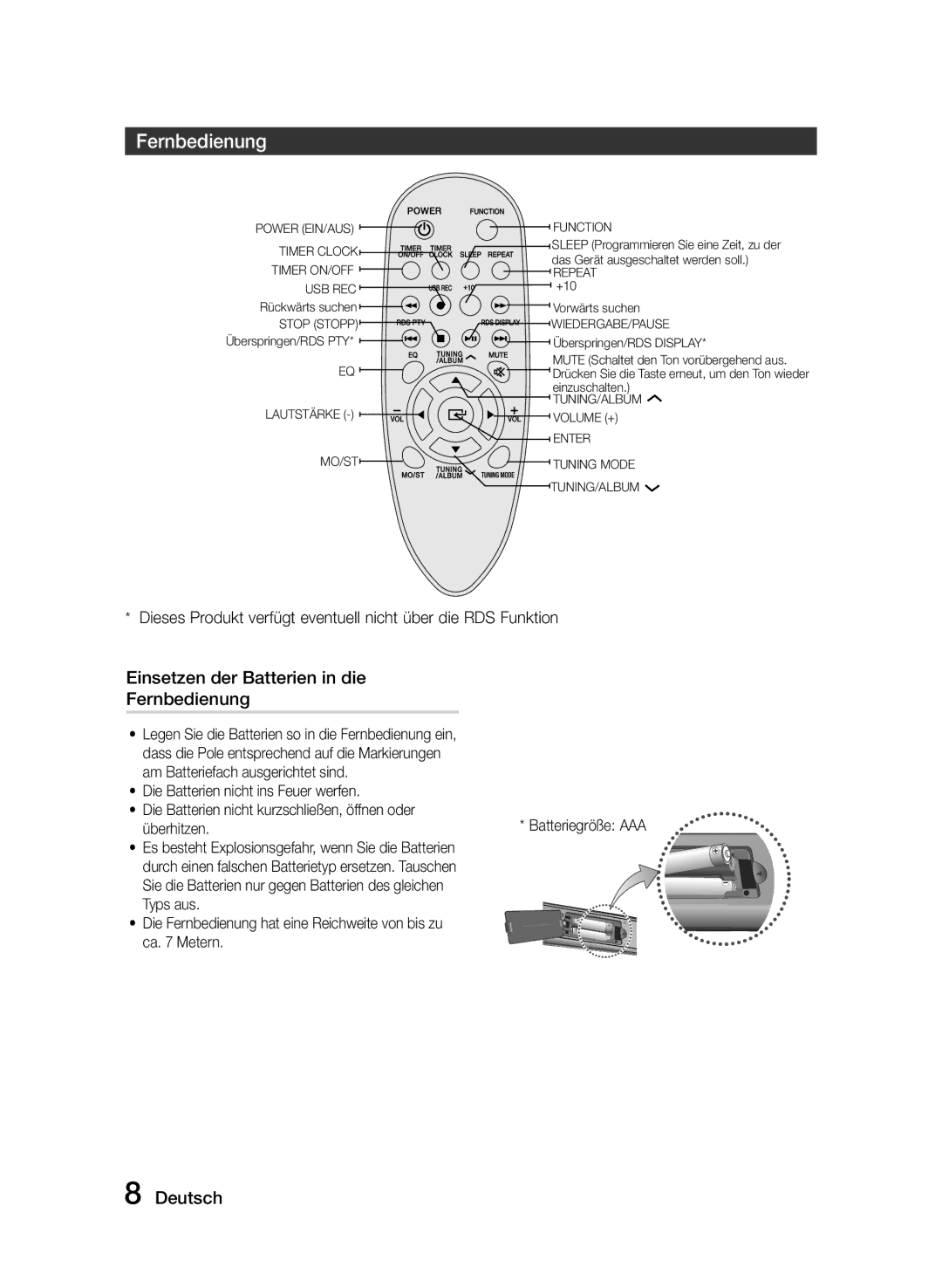 Samsung MM-J330/EN Einsetzen der Batterien in die Fernbedienung, Es besteht Explosionsgefahr, wenn Sie die Batterien 