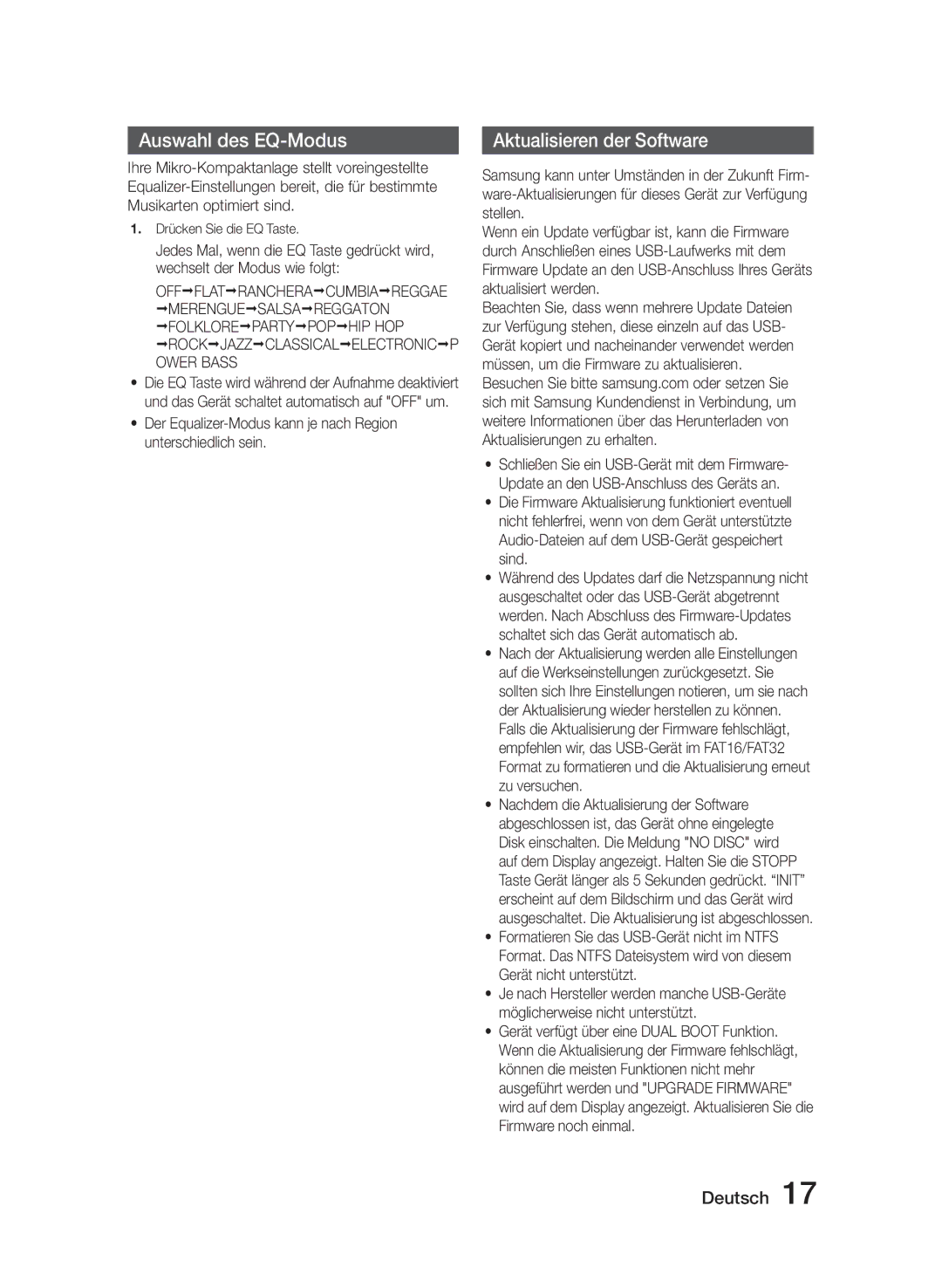 Samsung MM-J320/EN, MM-J330/EN, MM-J330/XN, MM-J320/XN manual Auswahl des EQ-Modus, Aktualisieren der Software 