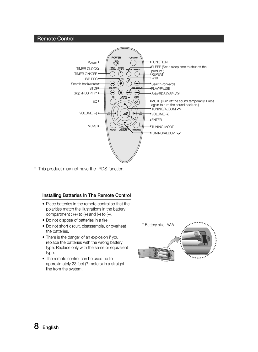 Samsung MM-J330/EN, MM-J320/EN Installing Batteries In The Remote Control, This product may not have the RDS function 