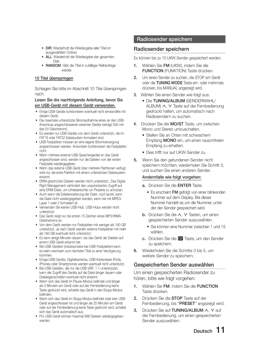 Samsung MM-J330/ZF manual Radiosender speichern, Gespeicherten Sender auswählen, Wählen Sie einen Sender wie folgt aus 