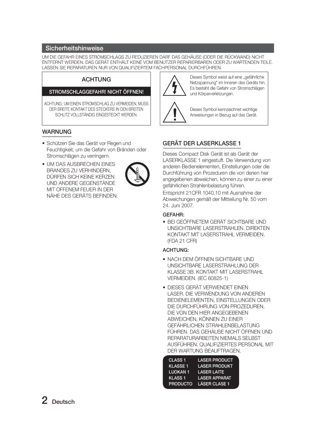 Samsung MM-J330/ZF, MM-J330/EN, MM-J320/EN manual Sicherheitshinweise, Achtung 