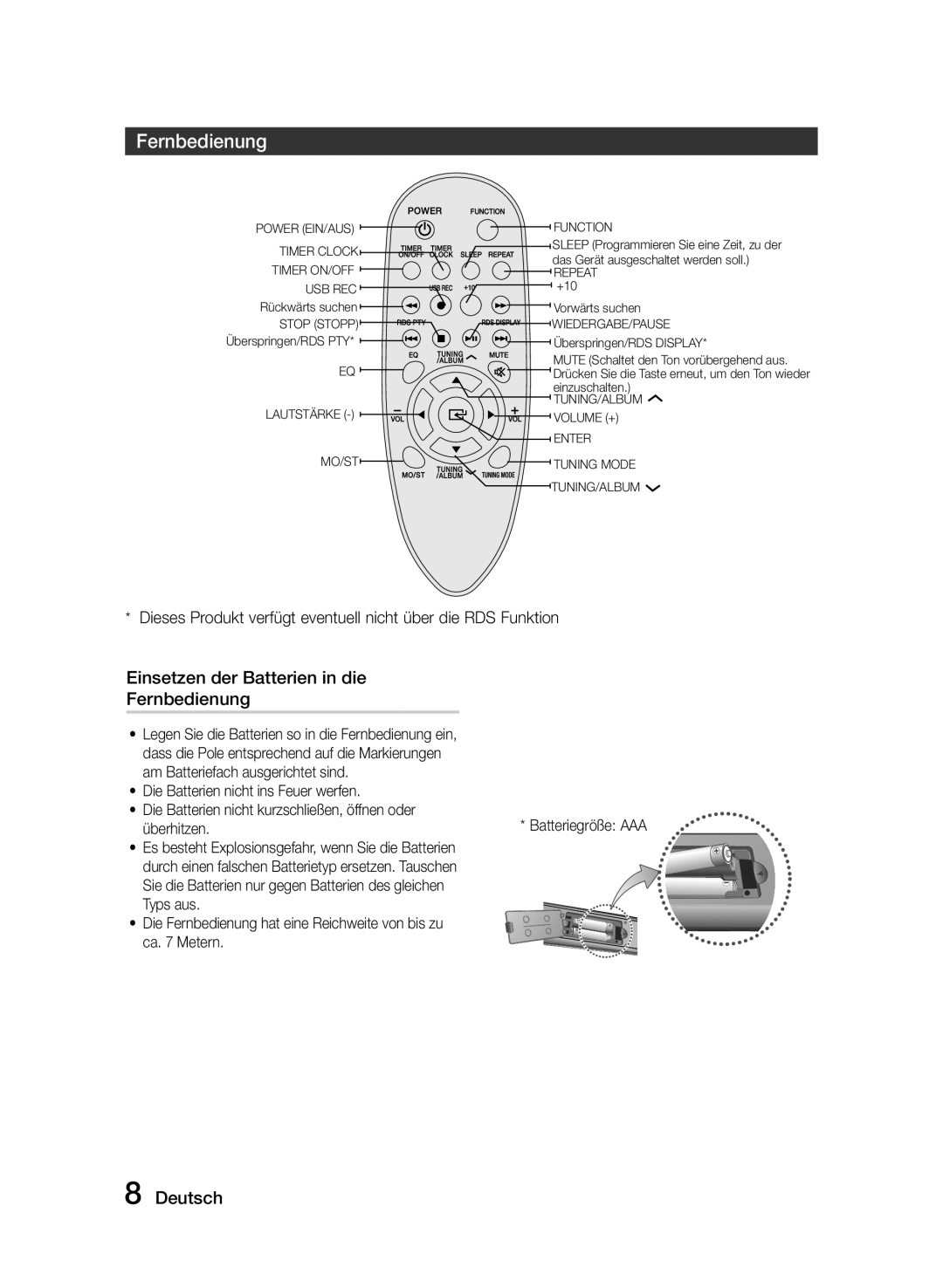 Samsung MM-J330/ZF, MM-J330/EN, MM-J320/EN manual Fernbedienung, Es besteht Explosionsgefahr, wenn Sie die Batterien 