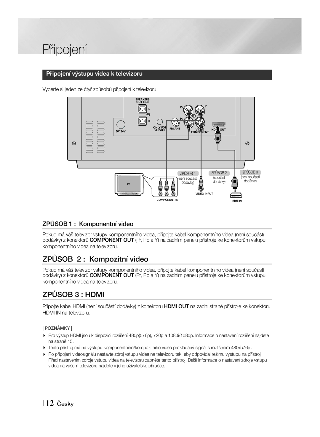 Samsung MM-J430D/EN, MM-J430D/XN manual Způsob 1 Komponentní video, Připojení výstupu videa k televizoru, 12 Česky 