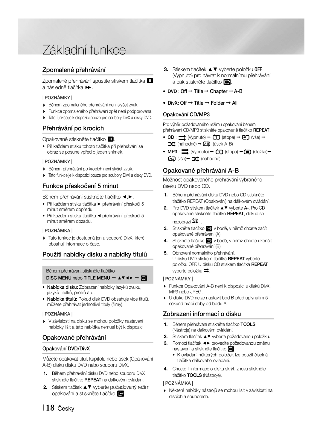 Samsung MM-J430D/EN manual Zpomalené přehrávání, Přehrávání po krocích, Funkce přeskočení 5 minut, Opakované přehrávání 