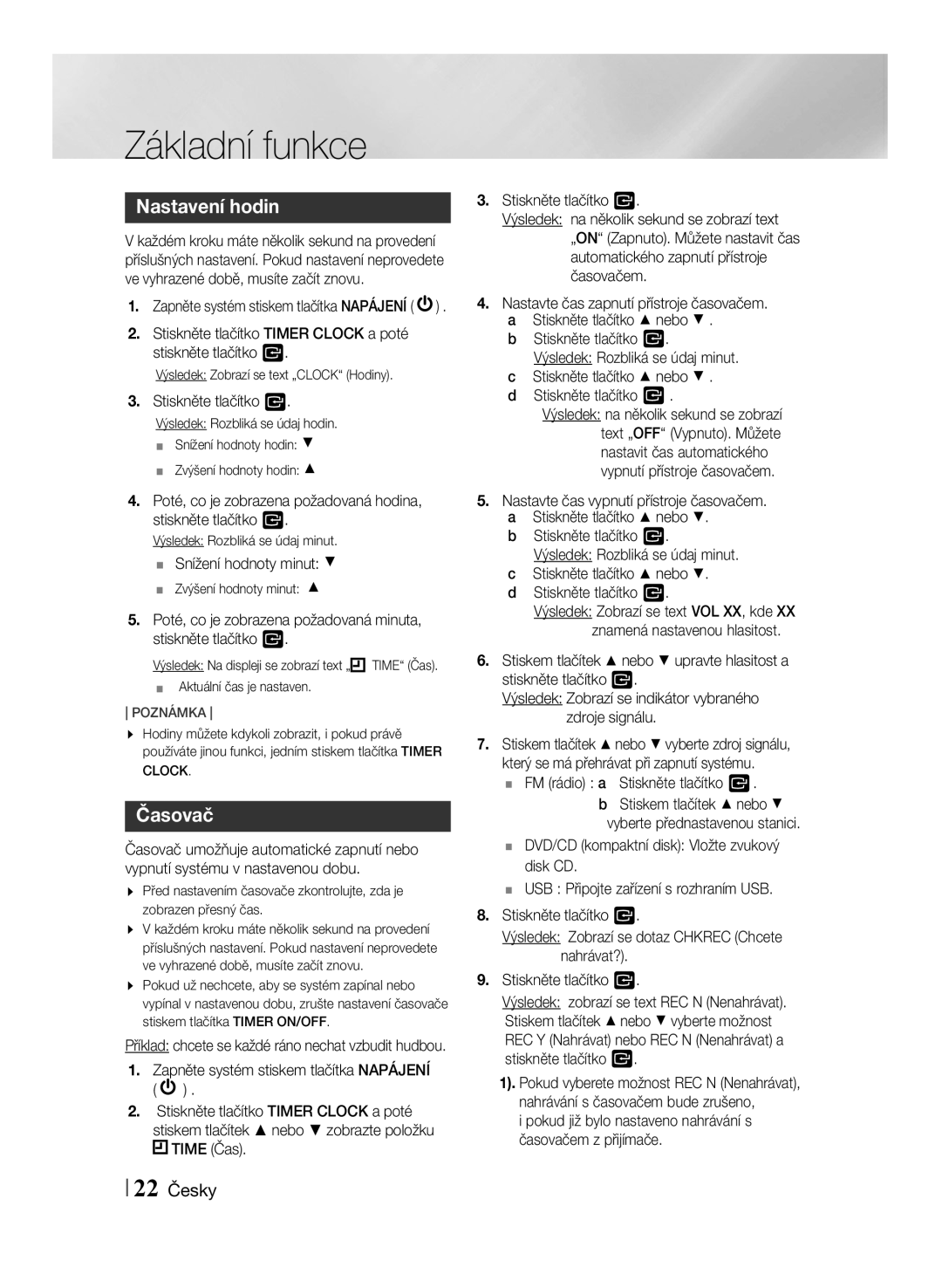 Samsung MM-J430D/EN, MM-J430D/XN manual Nastavení hodin, Časovač, 22 Česky 