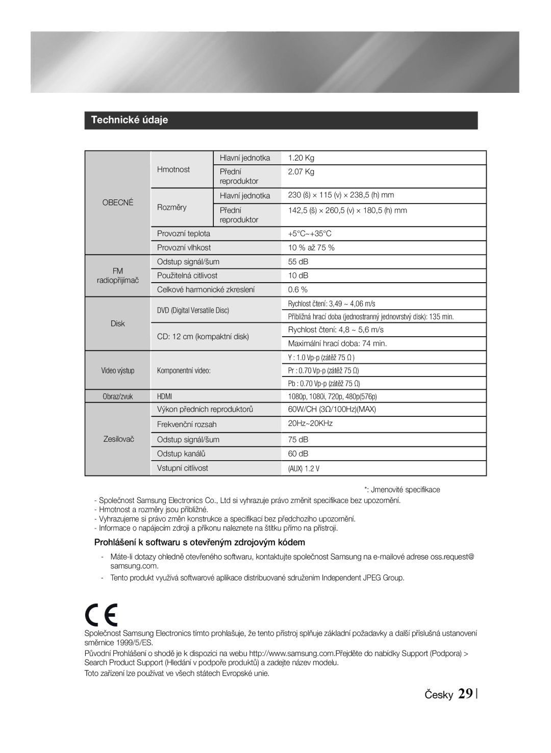 Samsung MM-J430D/XN, MM-J430D/EN manual Technické údaje, Prohlášení k softwaru s otevřeným zdrojovým kódem 