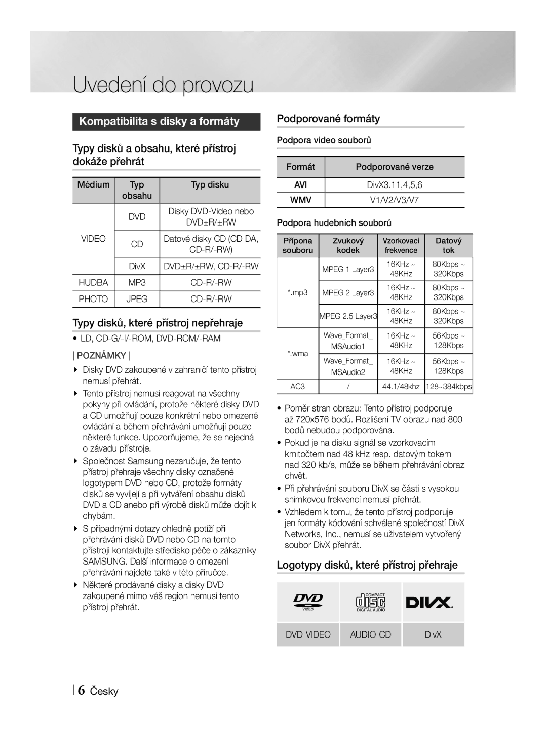 Samsung MM-J430D/EN, MM-J430D/XN manual Kompatibilita s disky a formáty, Typy disků a obsahu, které přístroj dokáže přehrát 