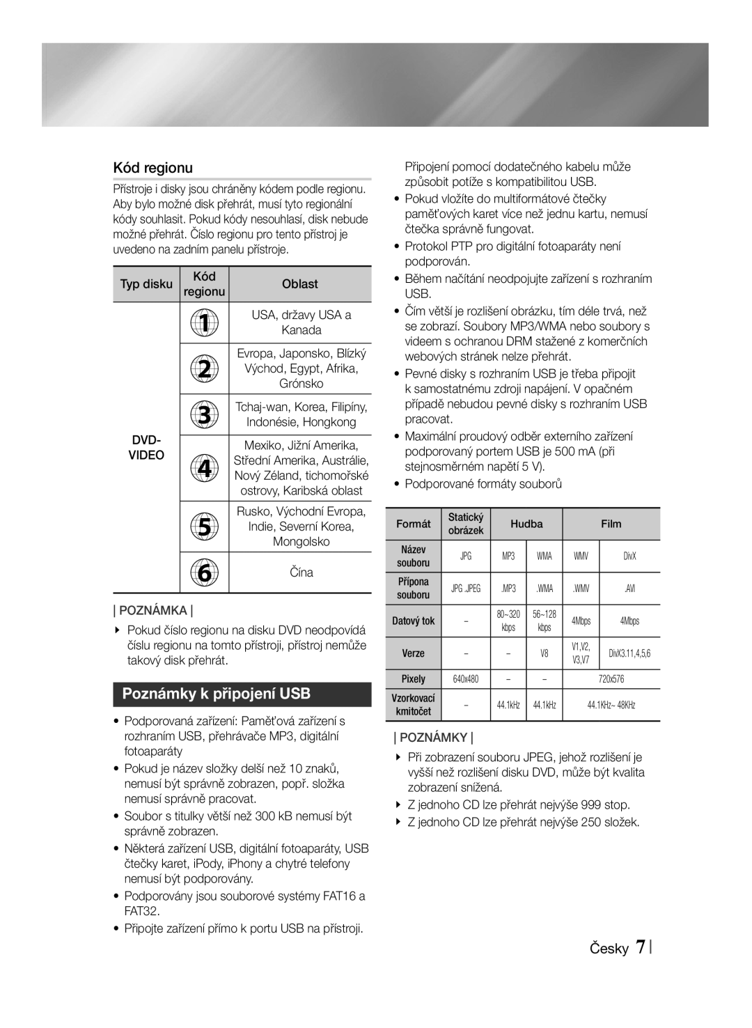 Samsung MM-J430D/XN, MM-J430D/EN manual Kód regionu, Poznámky k připojení USB, Kód Oblast Regionu 