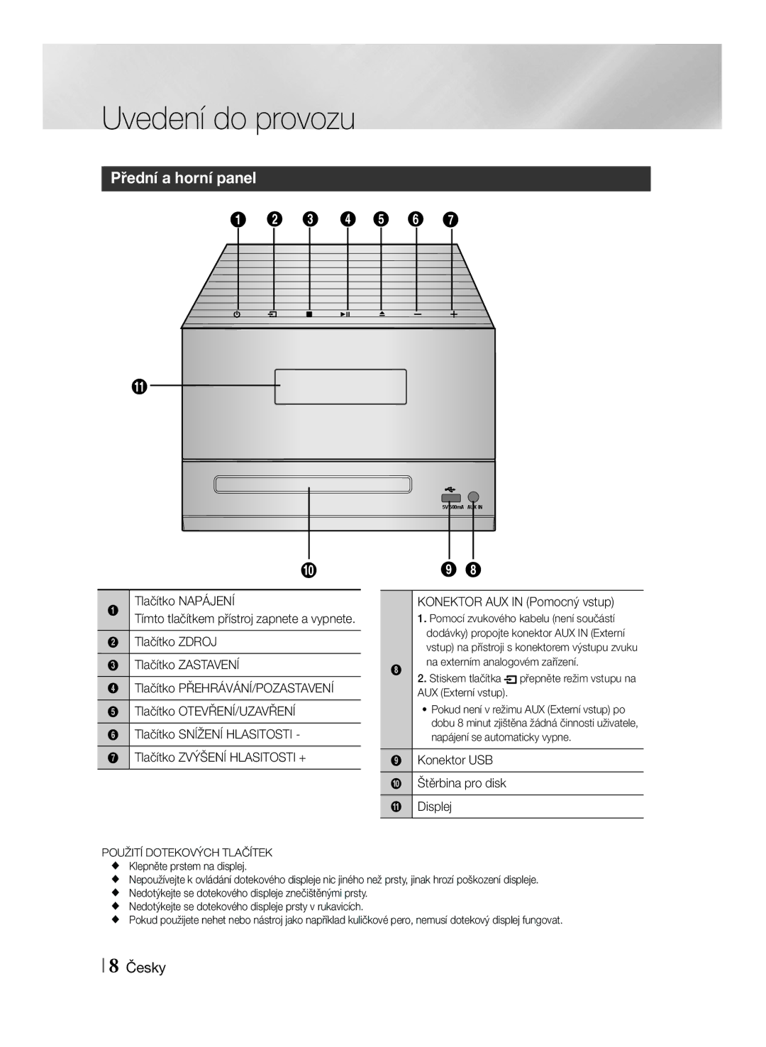 Samsung MM-J430D/EN, MM-J430D/XN manual Uvedení do provozu, Přední a horní panel, Konektor AUX in Pomocný vstup 