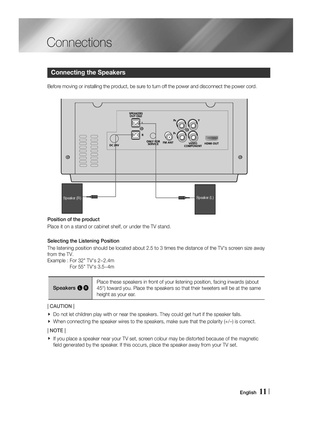 Samsung MM-J430D/XN, MM-J430D/EN, MM-J430D/ZF manual Connections, Connecting the Speakers, Position of the product 