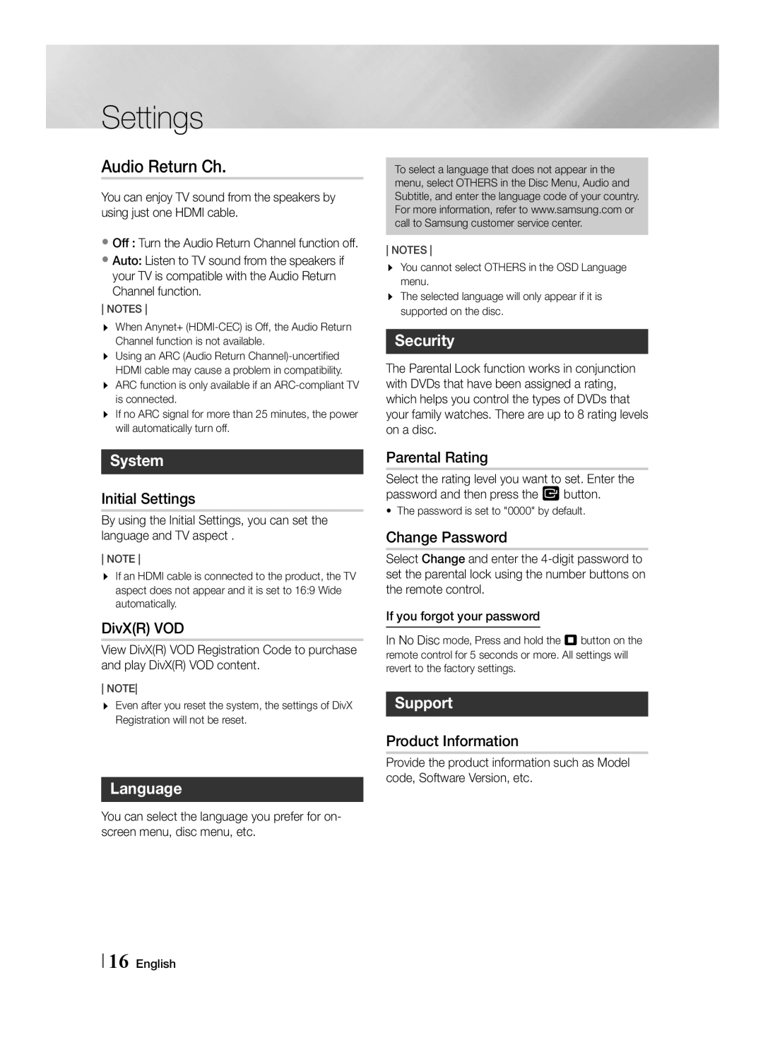 Samsung MM-J430D/ZF, MM-J430D/EN, MM-J430D/XN manual System, Language, Security, Support 