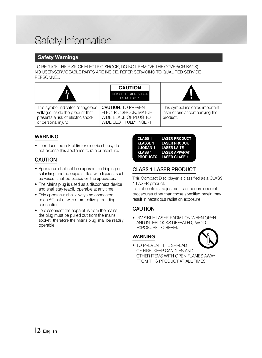 Samsung MM-J430D/XN, MM-J430D/EN manual Safety Information, Safety Warnings, Electric SHOCK, Match, Wide Blade of Plug to 