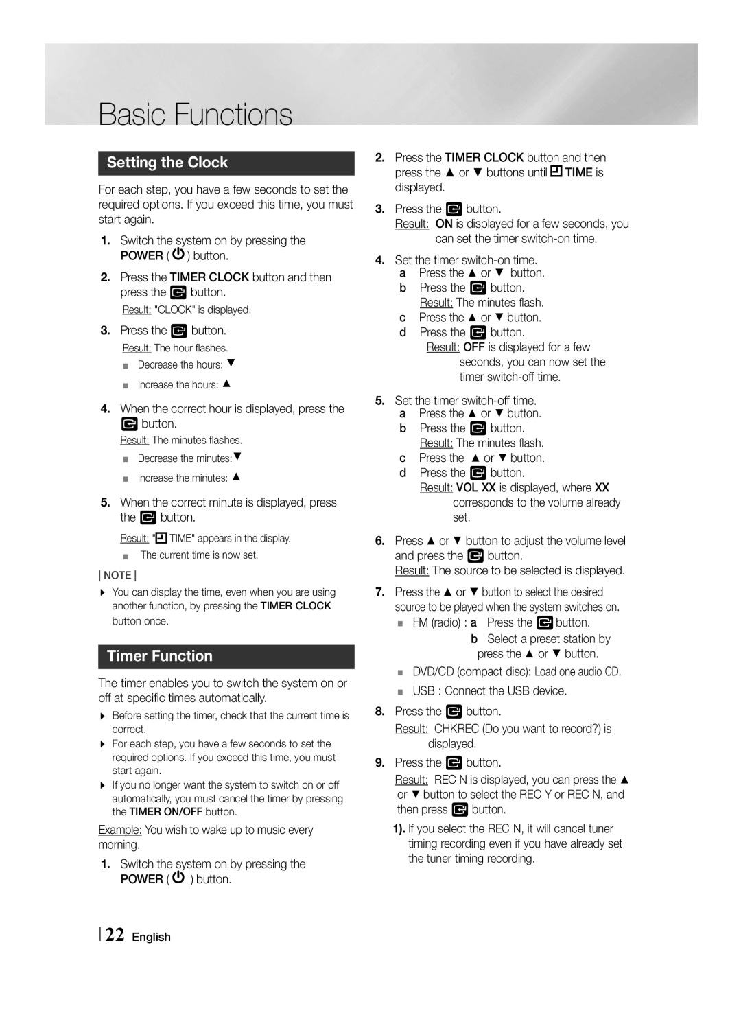 Samsung MM-J430D/ZF, MM-J430D/EN, MM-J430D/XN manual Setting the Clock, Timer Function 