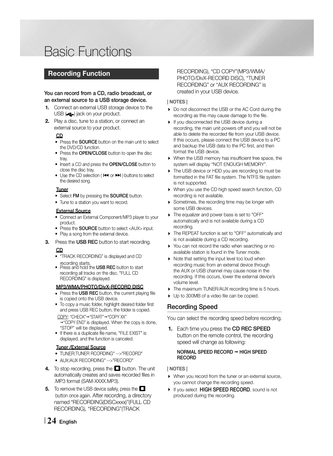 Samsung MM-J430D/EN, MM-J430D/ZF, MM-J430D/XN manual Recording Function, External Source 