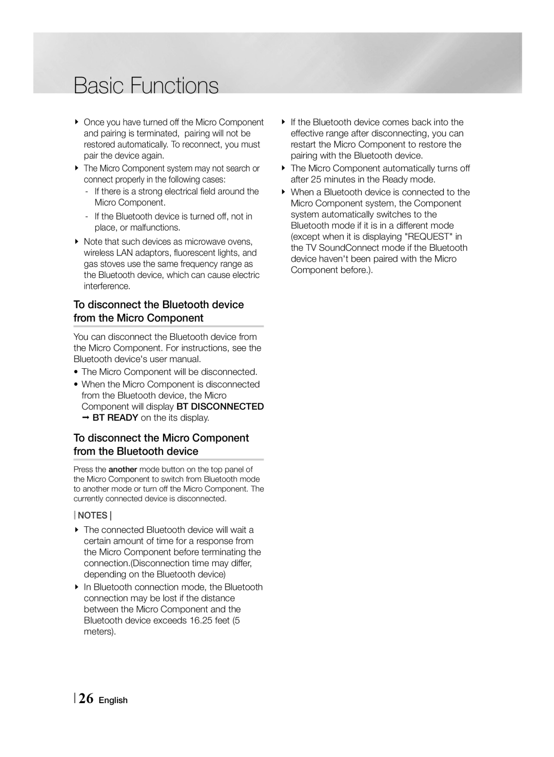 Samsung MM-J430D/XN, MM-J430D/EN, MM-J430D/ZF manual To disconnect the Bluetooth device from the Micro Component 