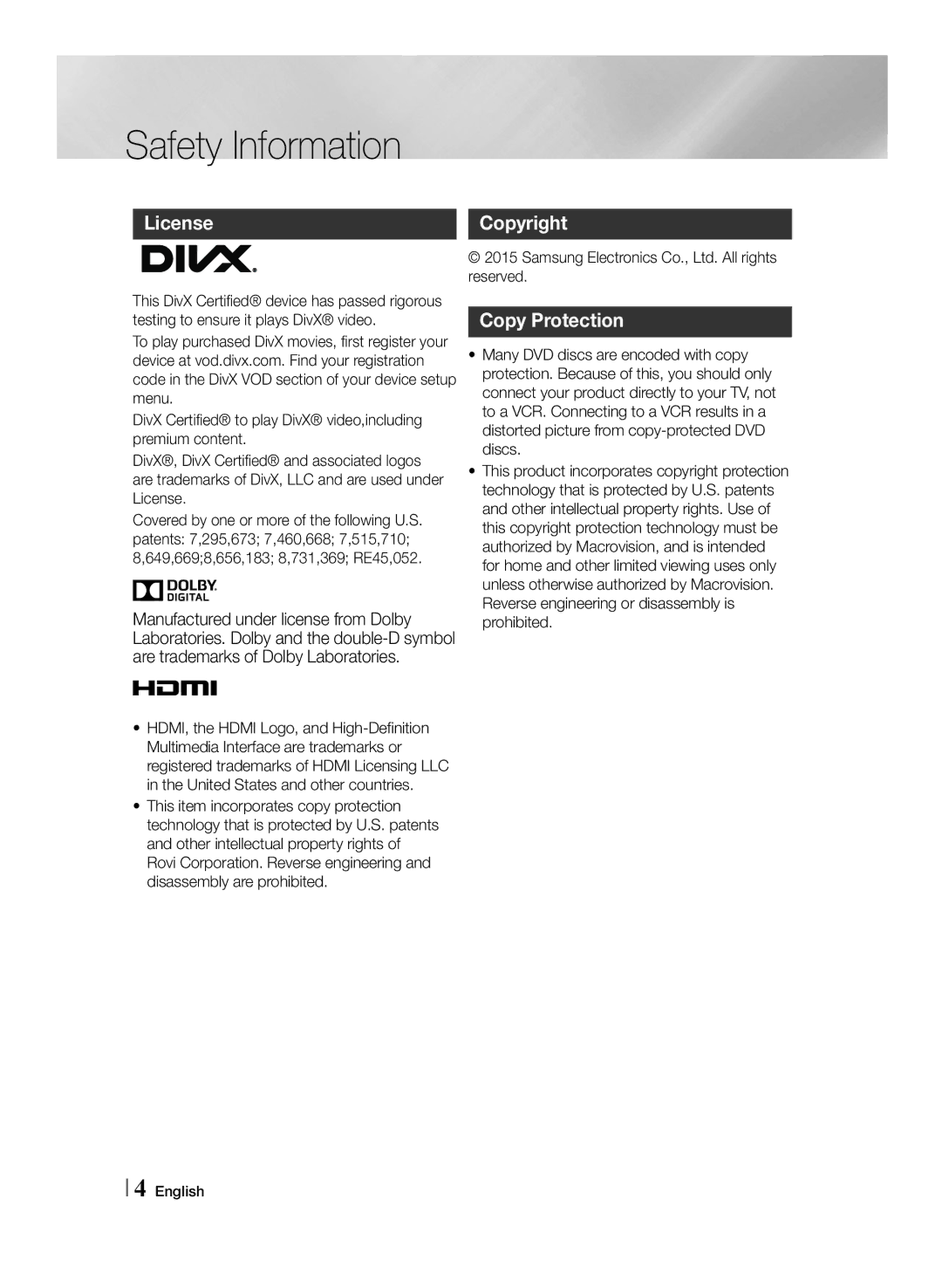 Samsung MM-J430D/ZF, MM-J430D/EN, MM-J430D/XN manual License, Copy Protection 