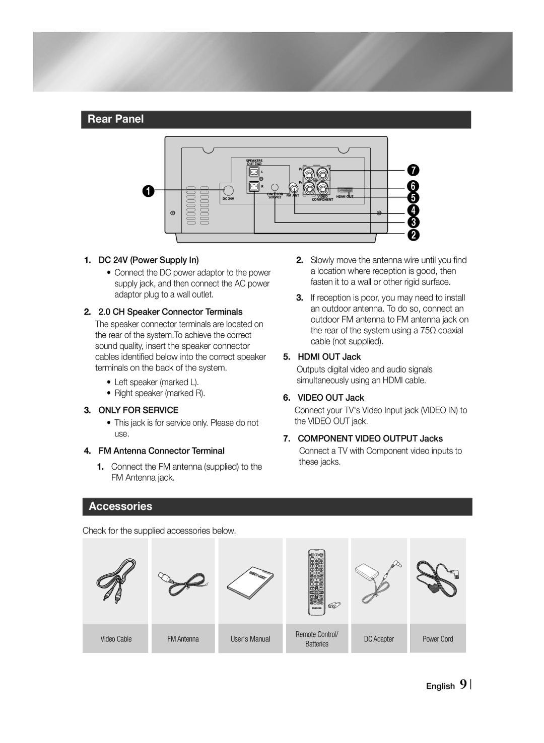 Samsung MM-J430D/EN, MM-J430D/ZF, MM-J430D/XN manual Rear Panel, Accessories, Only for Service 