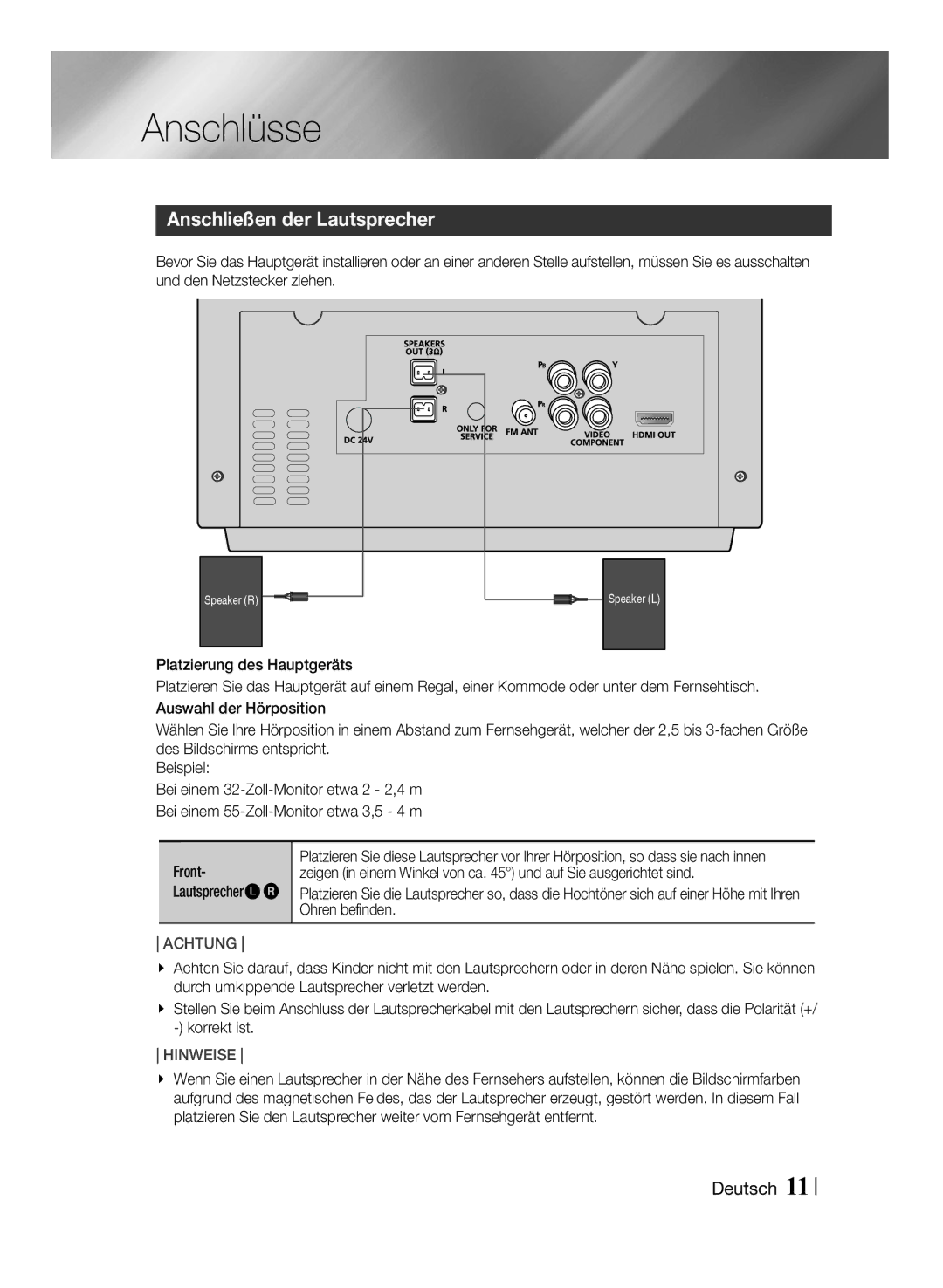 Samsung MM-J430D/EN manual Anschlüsse, Anschließen der Lautsprecher 