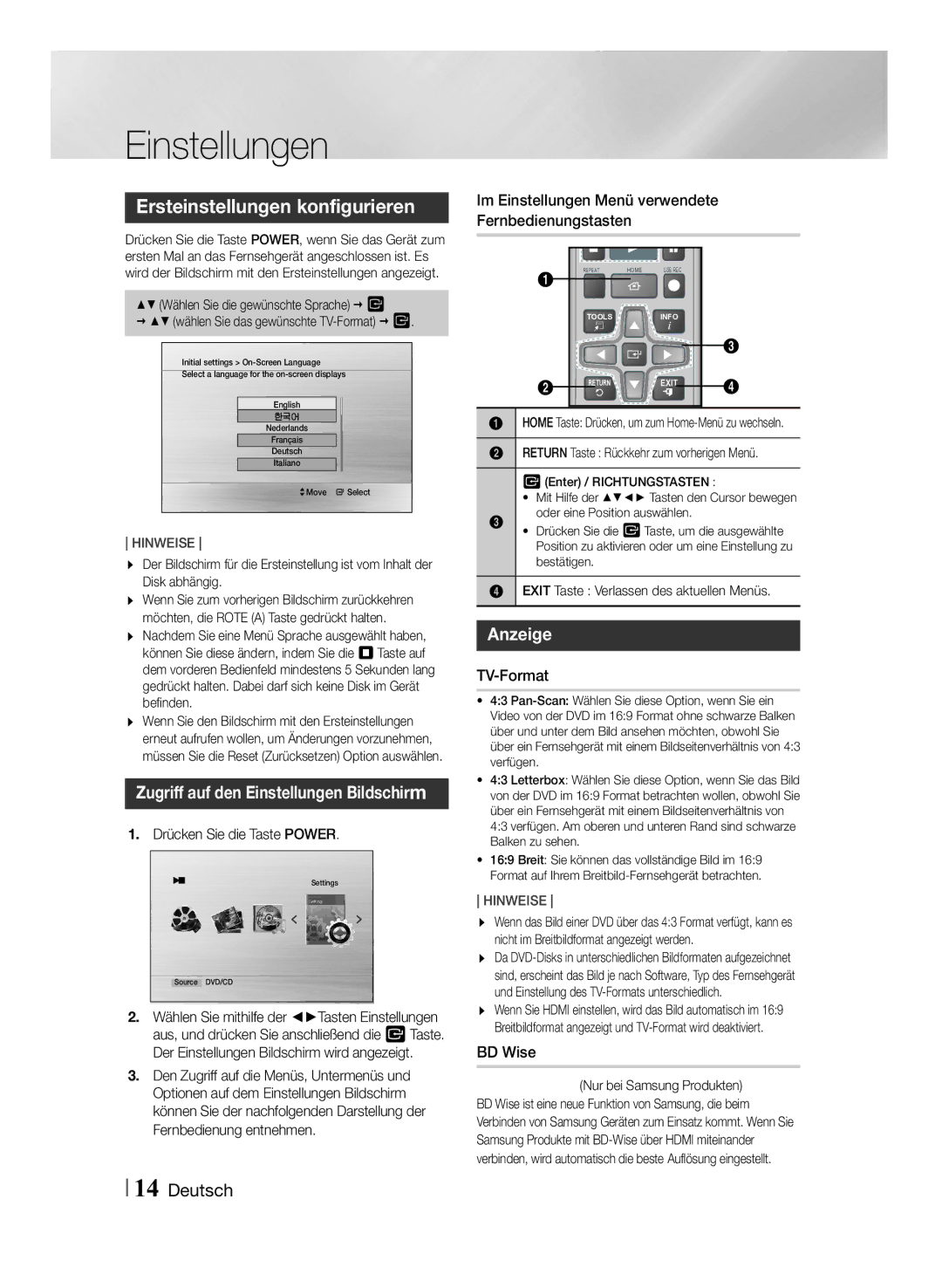 Samsung MM-J430D/EN manual Ersteinstellungen konfigurieren, Im Einstellungen Menü verwendete Fernbedienungstasten 