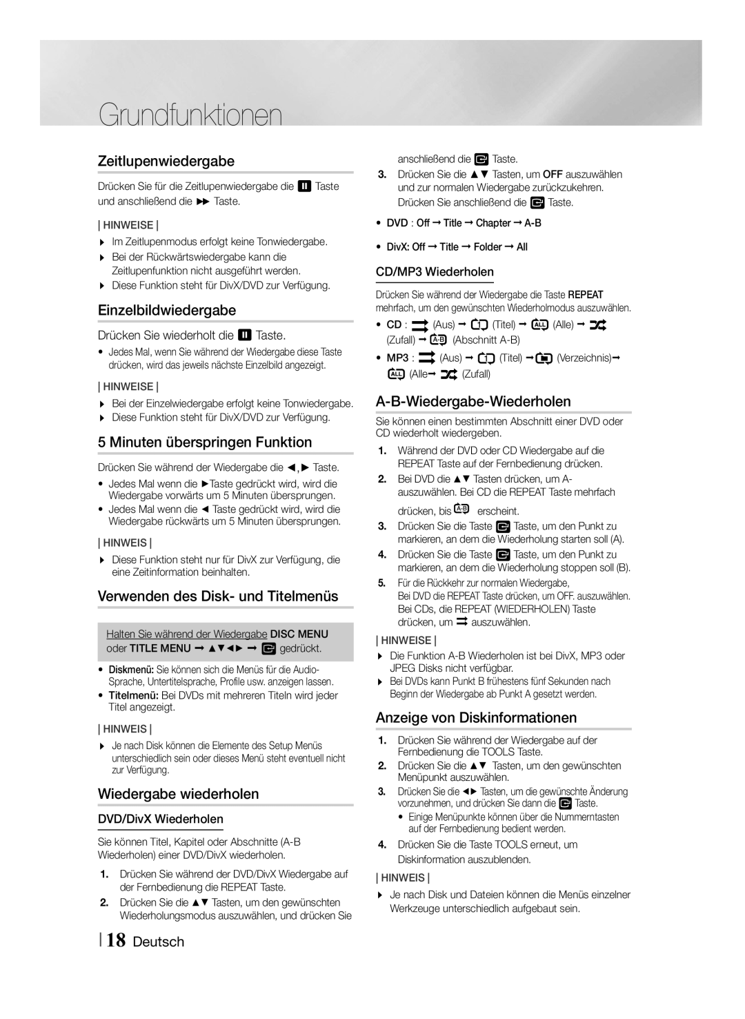 Samsung MM-J430D/EN manual Zeitlupenwiedergabe, Einzelbildwiedergabe, Minuten überspringen Funktion, Wiedergabe wiederholen 