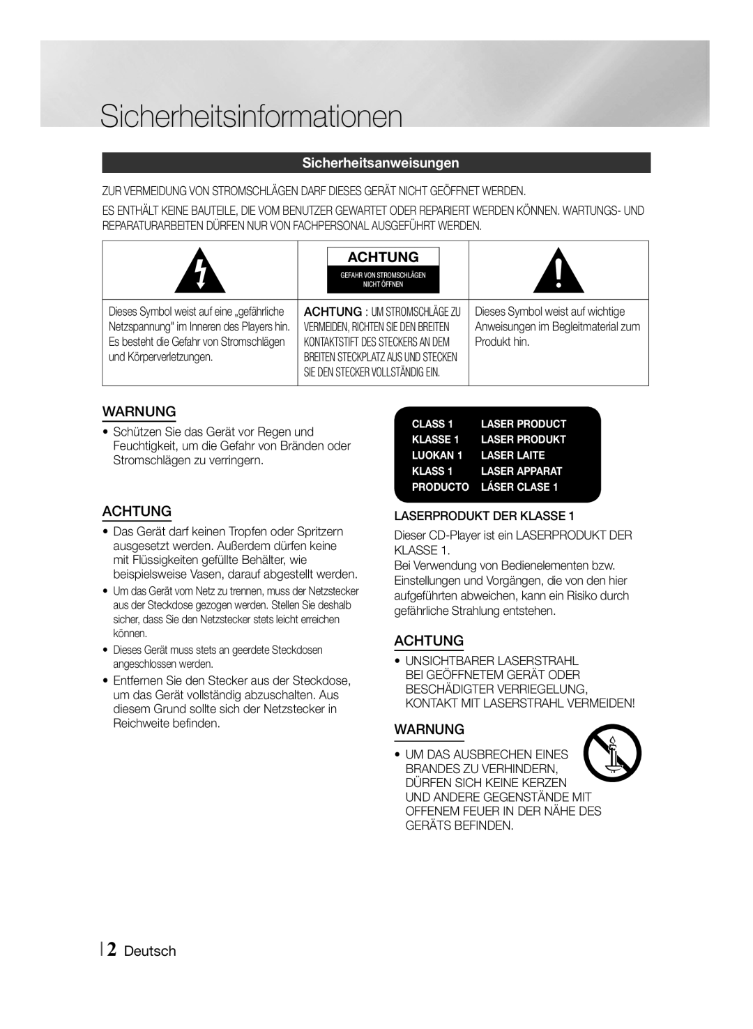 Samsung MM-J430D/EN manual Sicherheitsinformationen, Produkt hin, Und Körperverletzungen, Laserprodukt DER Klasse 