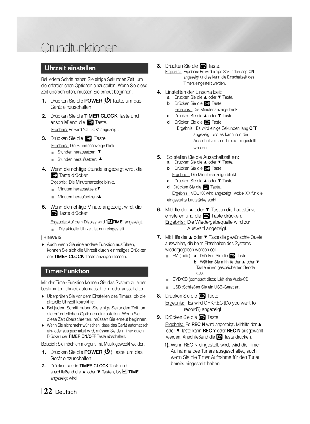 Samsung MM-J430D/EN manual Uhrzeit einstellen, Timer-Funktion 