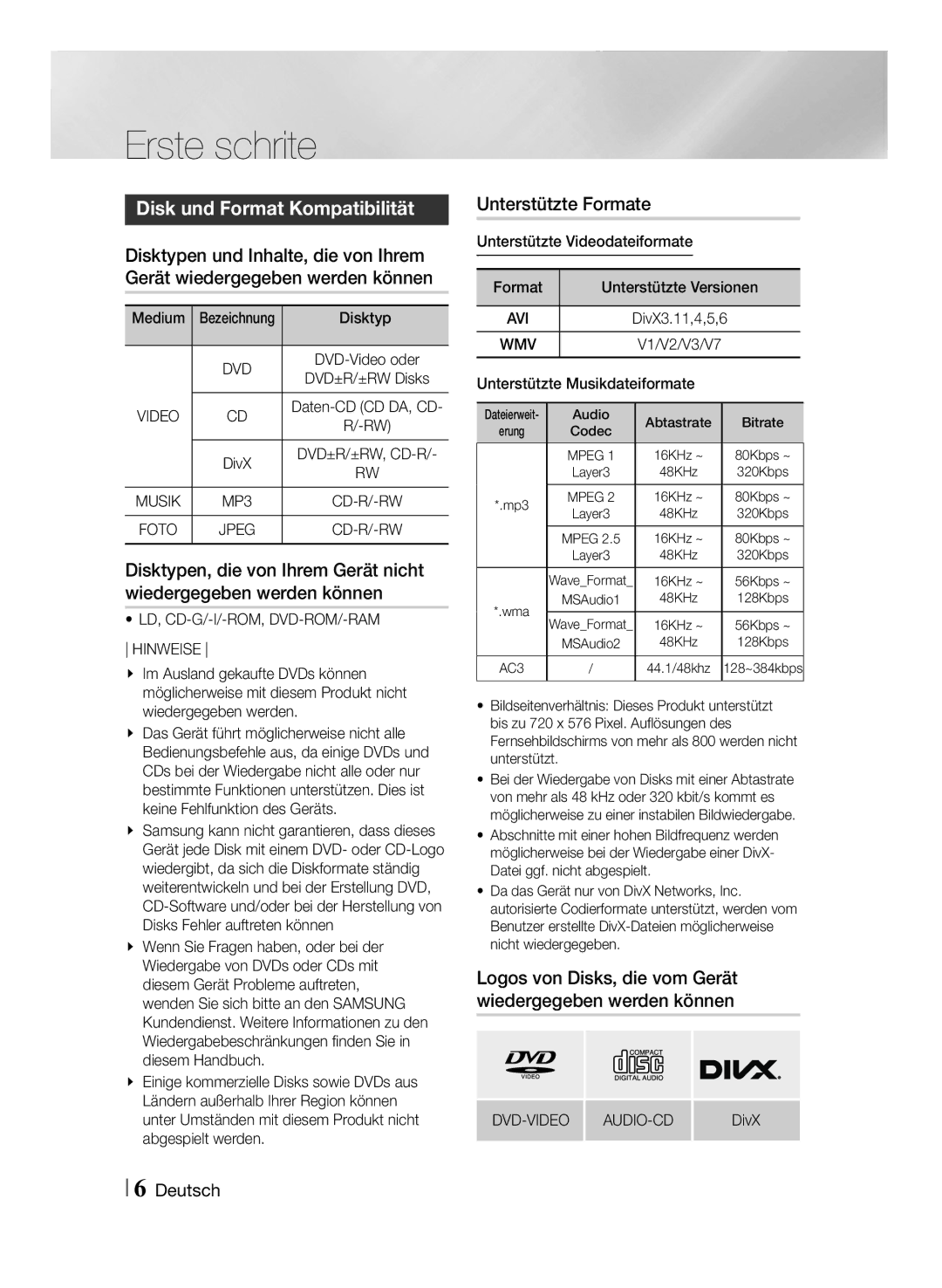 Samsung MM-J430D/EN manual Erste schrite, Disk und Format Kompatibilität, Unterstützte Formate 