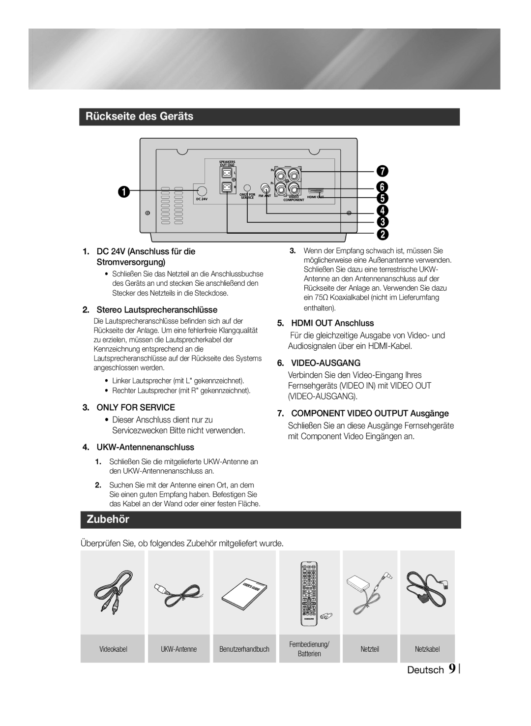 Samsung MM-J430D/EN manual Rückseite des Geräts, Zubehör, Only for Service, Video-Ausgang 