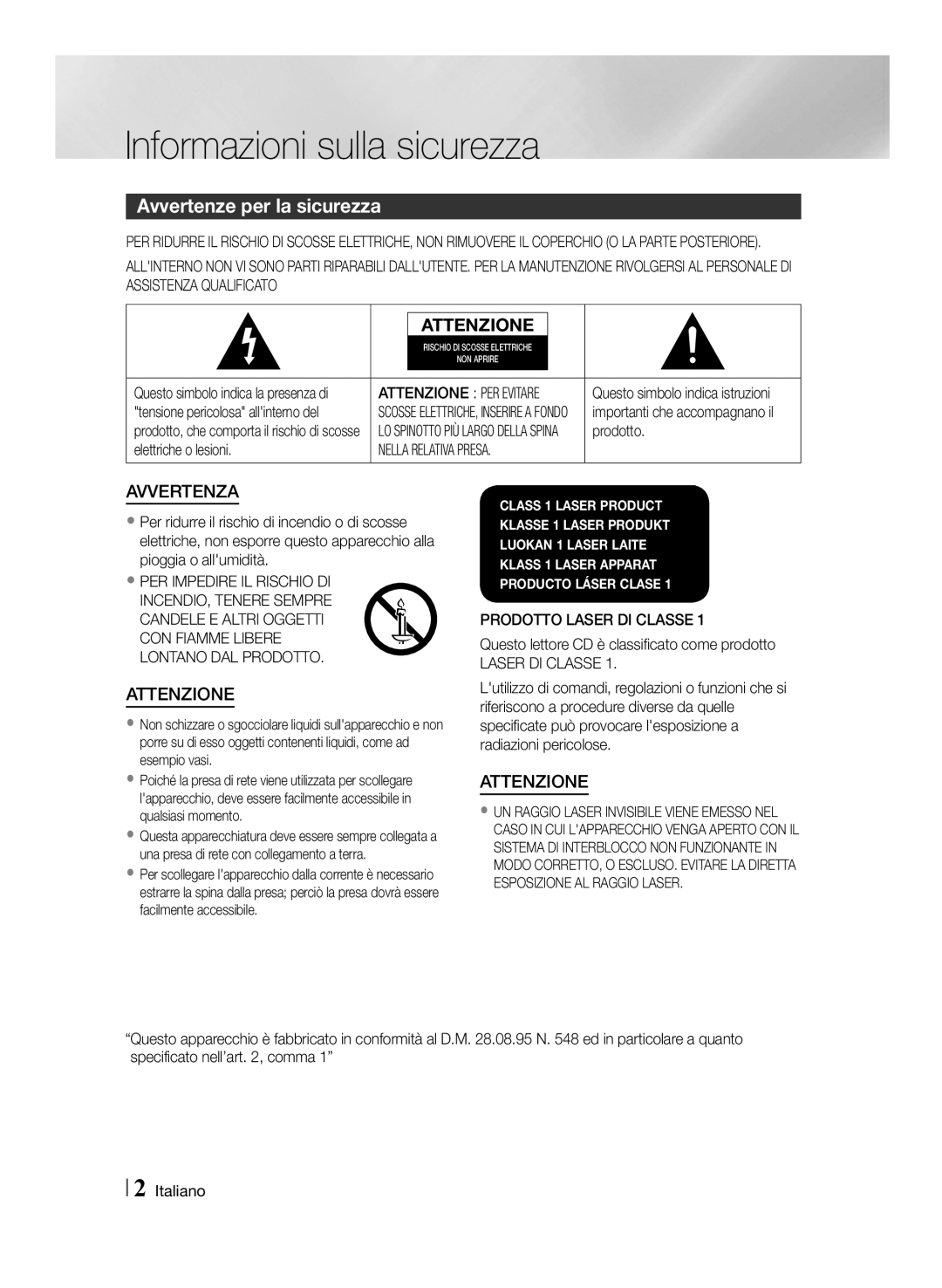 Samsung MM-J430D/EN manual Informazioni sulla sicurezza, Avvertenze per la sicurezza 