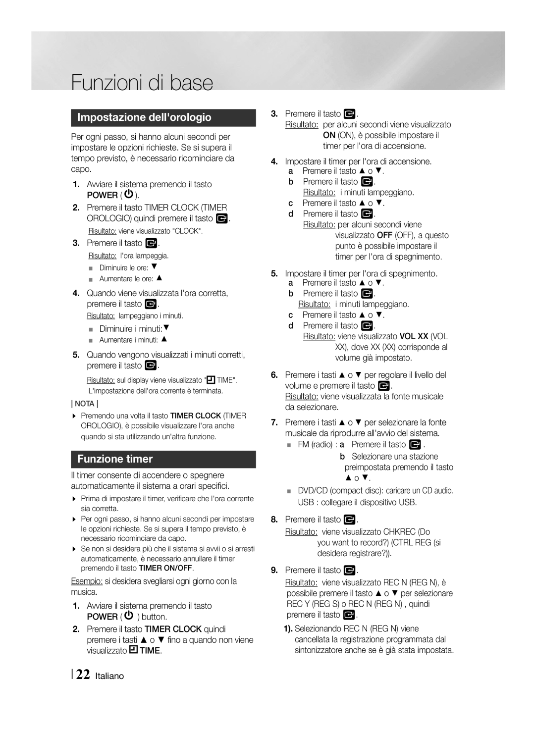 Samsung MM-J430D/EN manual Impostazione dellorologio, Funzione timer, Premere il tasto, `` Diminuire i minuti% 