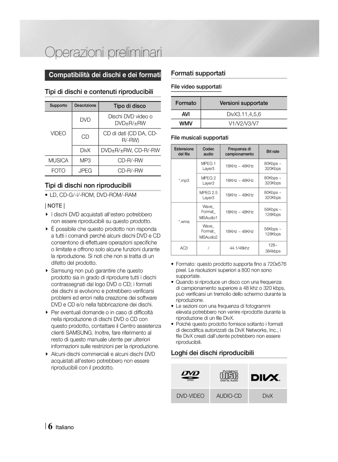 Samsung MM-J430D/EN manual Tipi di dischi e contenuti riproducibili, Tipi di dischi non riproducibili, Formati supportati 