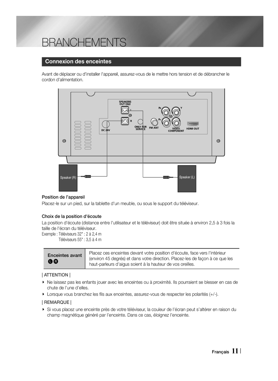 Samsung MM-J430D/ZF manual Branchements, Connexion des enceintes, Position de l’appareil, Enceintes avant 