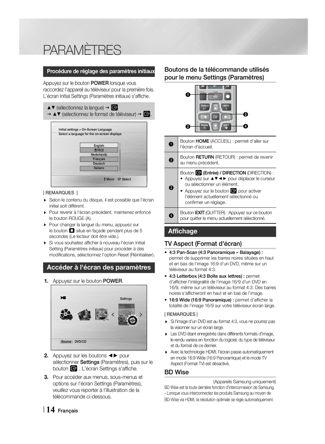 Samsung MM-J430D/ZF manual Paramètres, Accéder à lécran des paramètres, Affichage, TV Aspect Format décran, BD Wise 