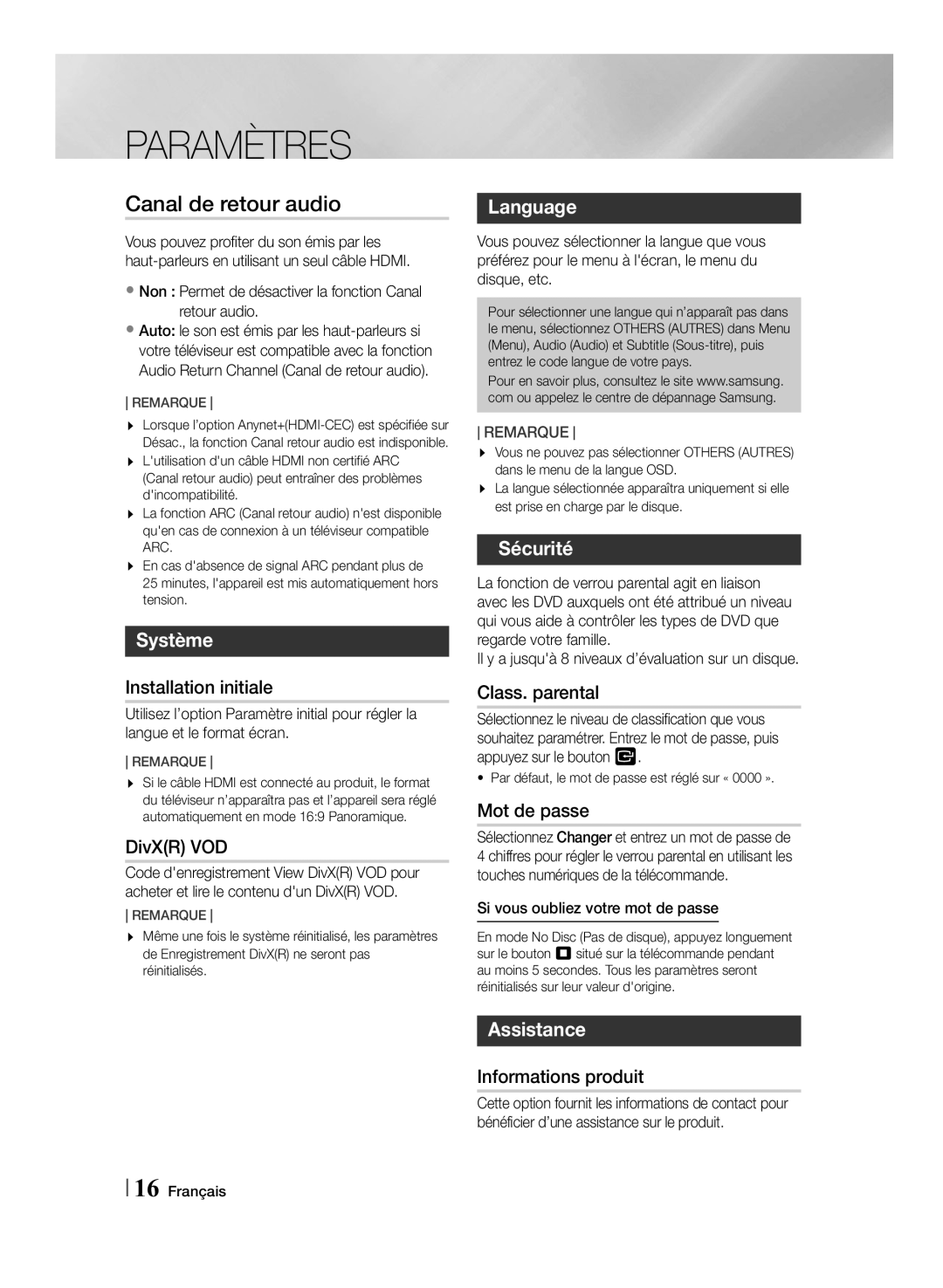 Samsung MM-J430D/ZF manual Système, Language, Sécurité, Assistance 