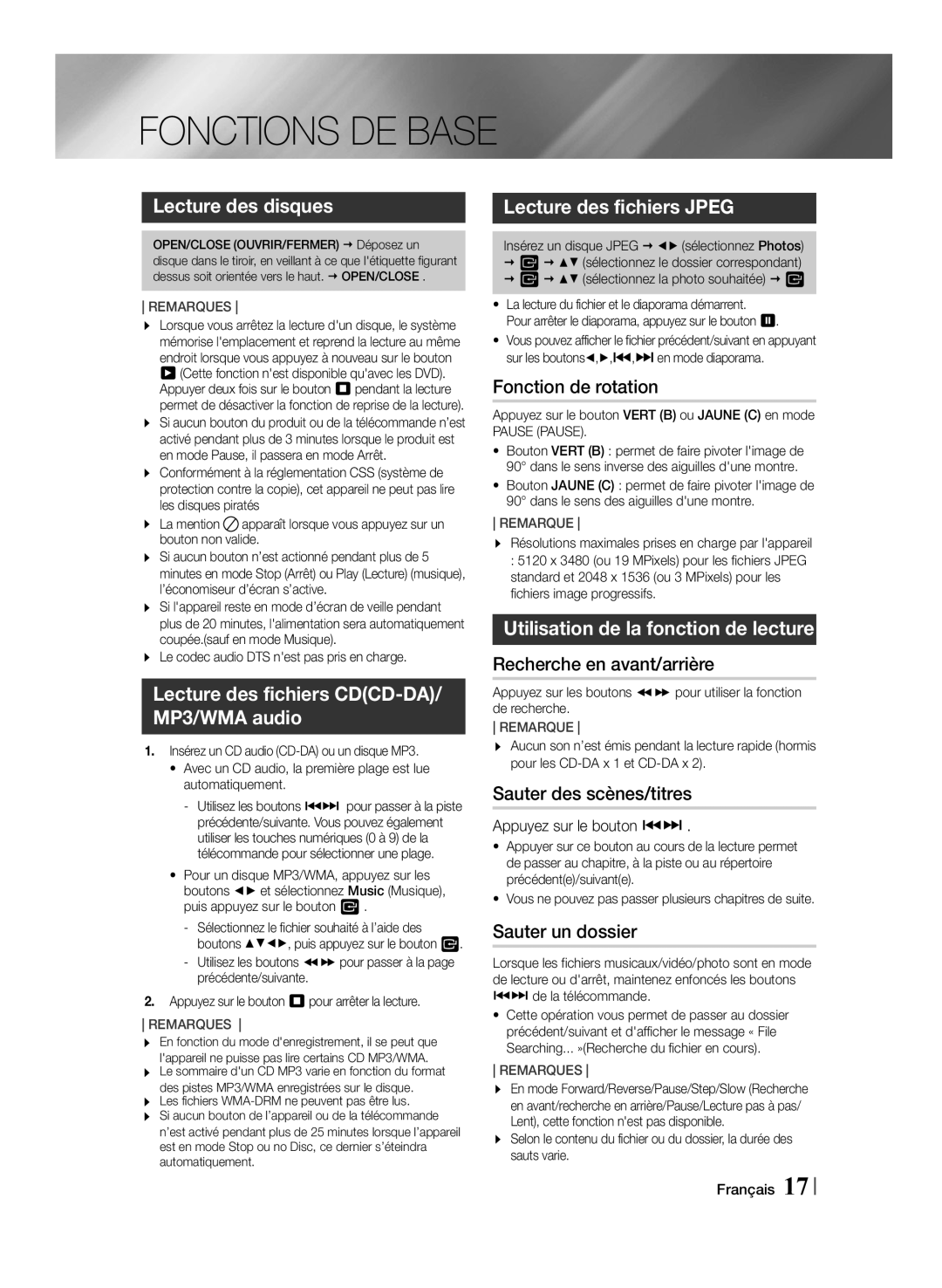 Samsung MM-J430D/ZF manual Fonctions DE Base, Lecture des disques, Lecture des fichiers CDCD-DA/ MP3/WMA audio 