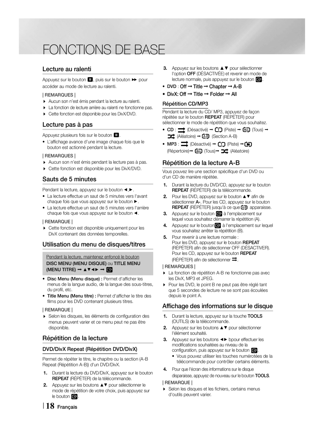 Samsung MM-J430D/ZF manual Lecture au ralenti, Lecture pas à pas, Sauts de 5 minutes, Utilisation du menu de disques/titres 