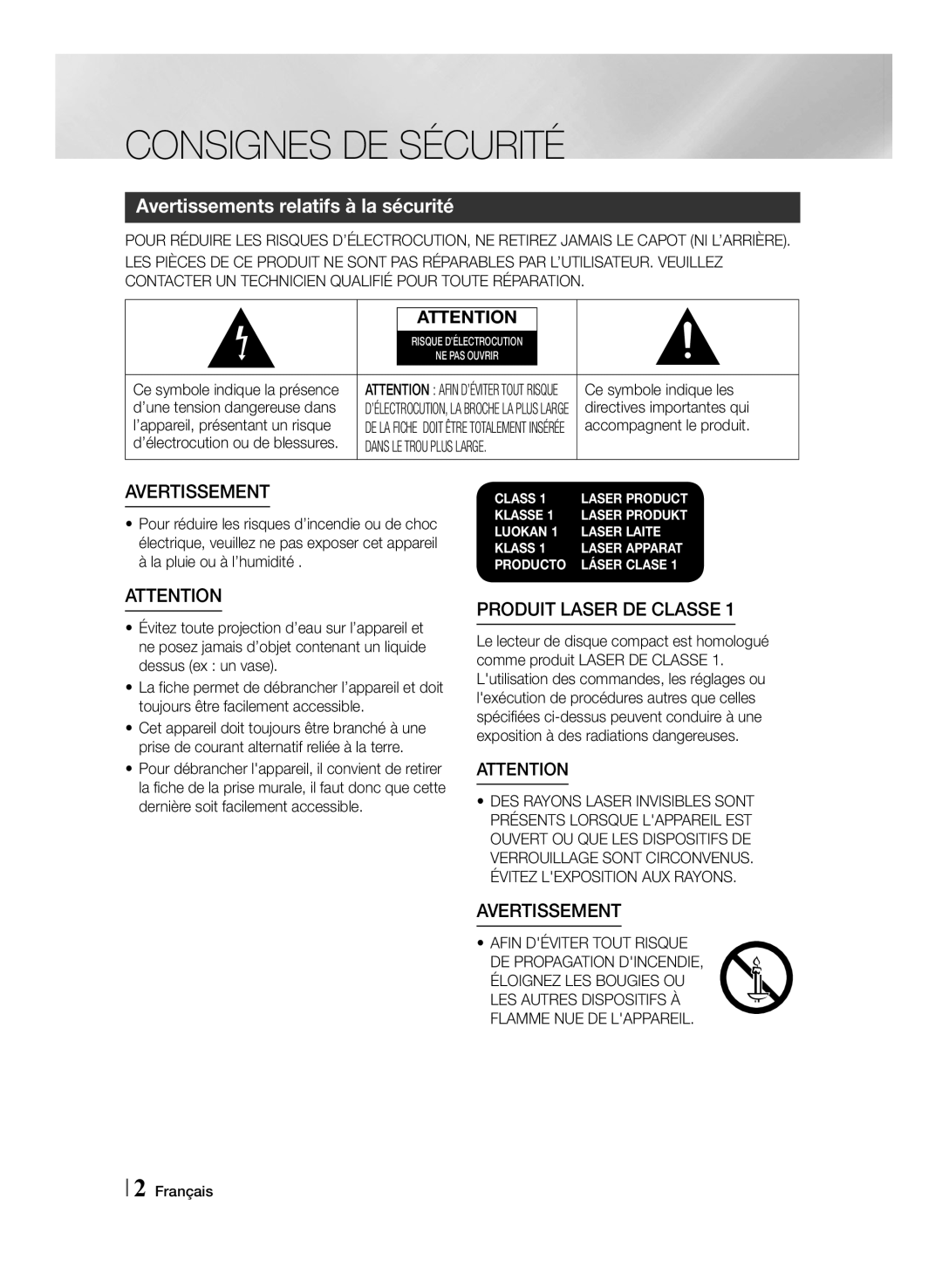 Samsung MM-J430D/ZF manual Consignes DE Sécurité, Avertissements relatifs à la sécurité 