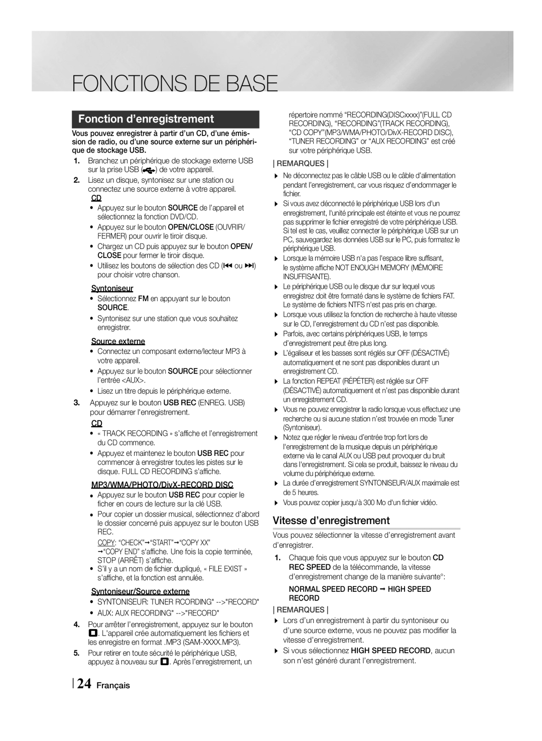 Samsung MM-J430D/ZF manual Fonction d’enregistrement, Vitesse d’enregistrement 