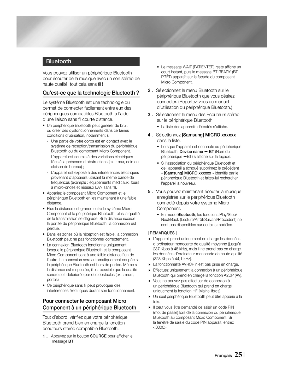 Samsung MM-J430D/ZF manual Qu’est-ce que la technologie Bluetooth ?,  . Sélectionnez Samsung Micro xxxxxx dans la liste 