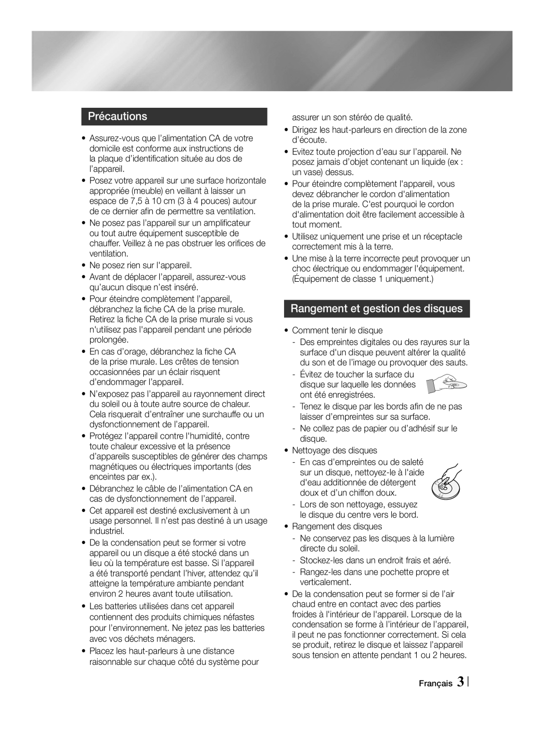 Samsung MM-J430D/ZF manual Précautions, Rangement et gestion des disques, Comment tenir le disque 