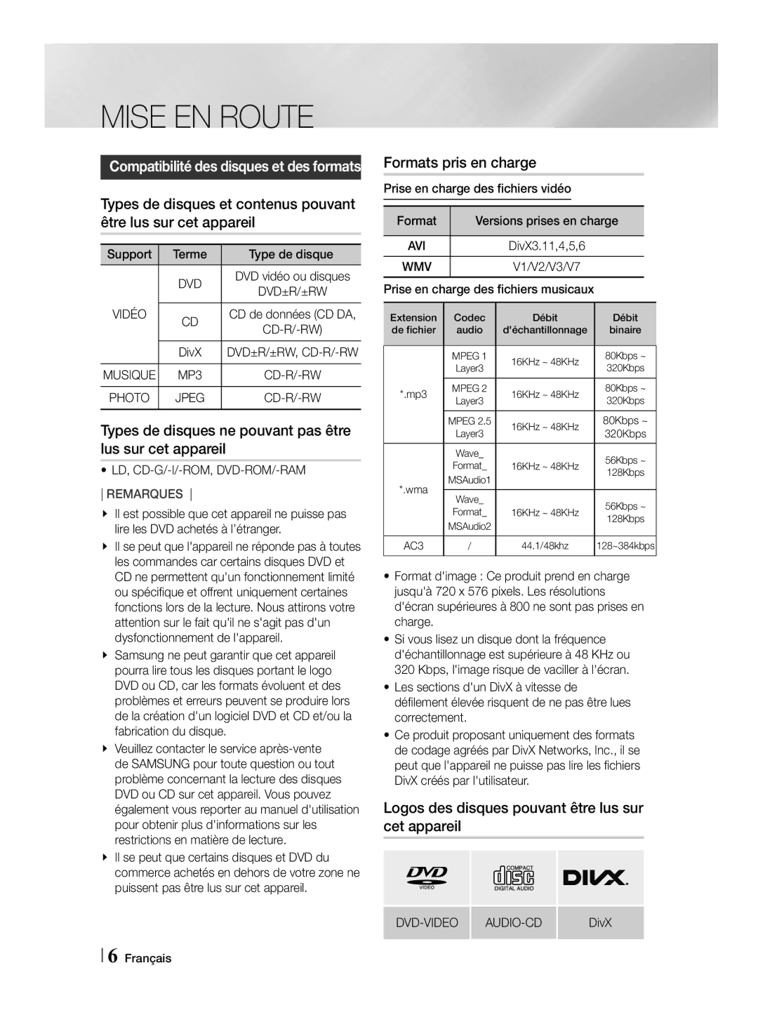 Samsung MM-J430D/ZF manual Mise EN Route, Types de disques ne pouvant pas être lus sur cet appareil, Formats pris en charge 