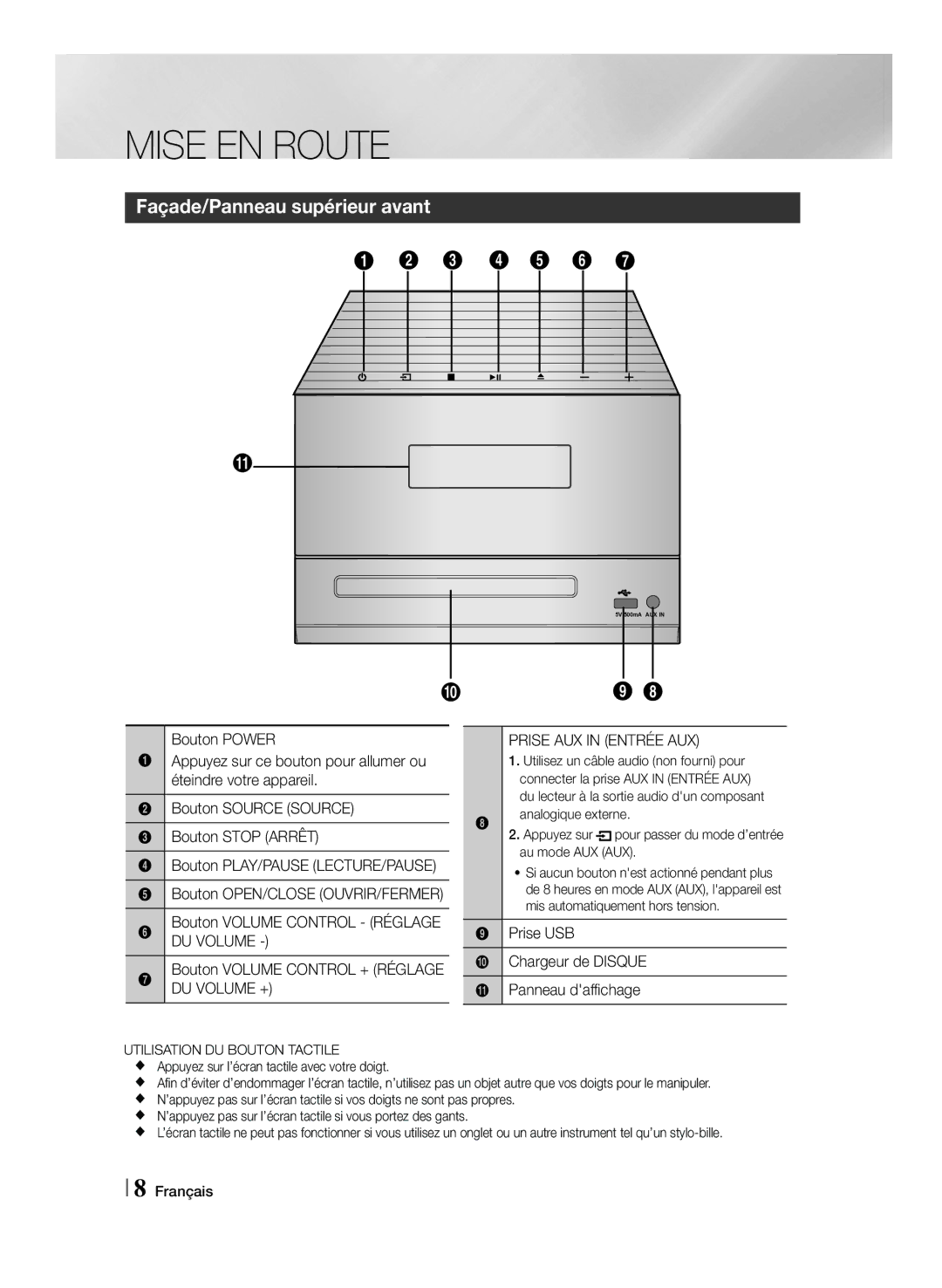 Samsung MM-J430D/ZF manual Façade/Panneau supérieur avant, DU Volume, Bouton Volume Control + Réglage, Prise USB 